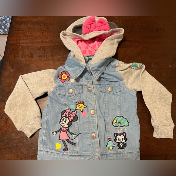 Disney Store Minnie Mouse Figaro Embroidered Denim Hooded Jacket Girls Size 4 - Picture 2 of 7
